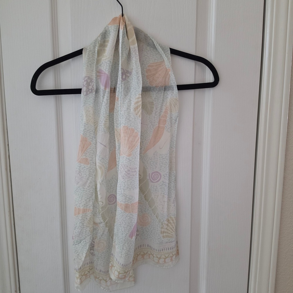 Vintage Liz Claiborne Seashell Print Scarf Pastel Coastal Beach 10 x 52 Oblong